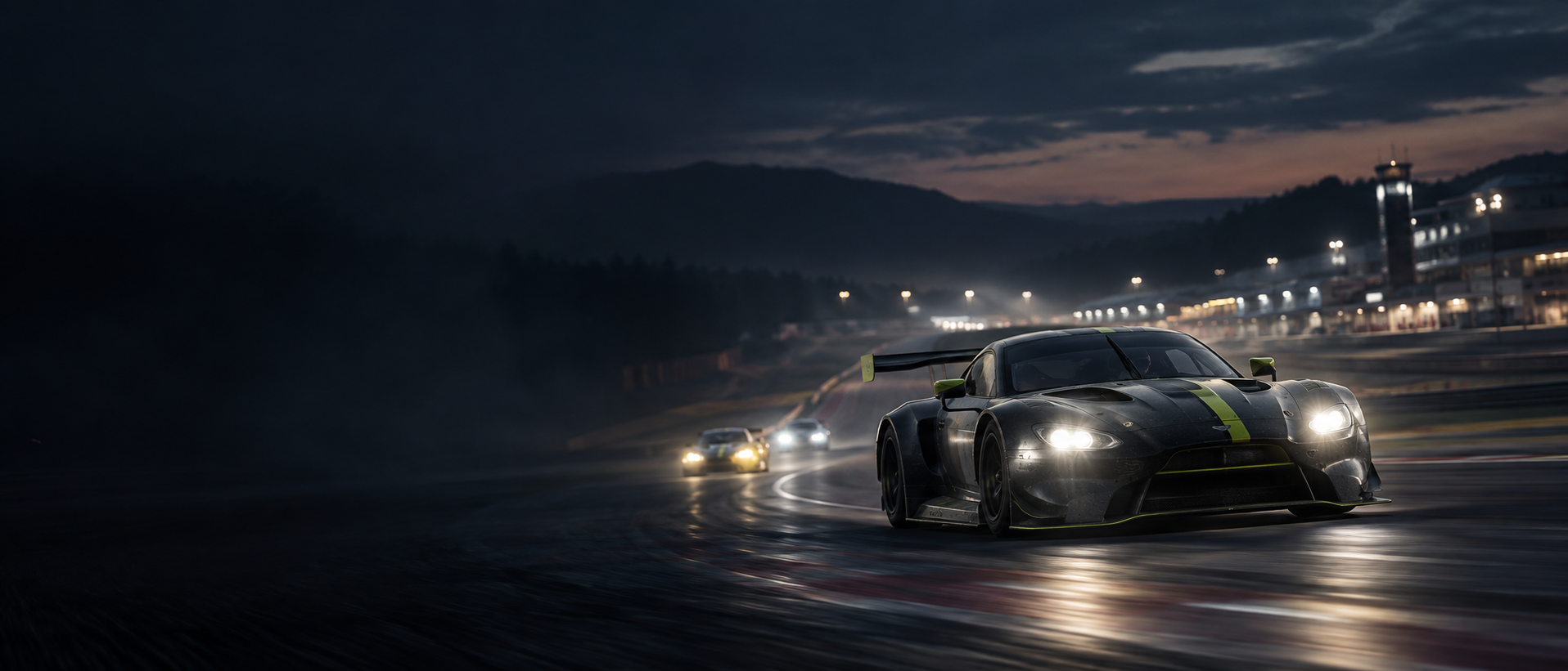 Concept campaign image of endurance race cars at dusk